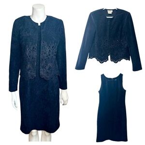 Vintage 90s Sueded Velour Shift Dress Laser Cut Jacket Blue Stonewash S 6